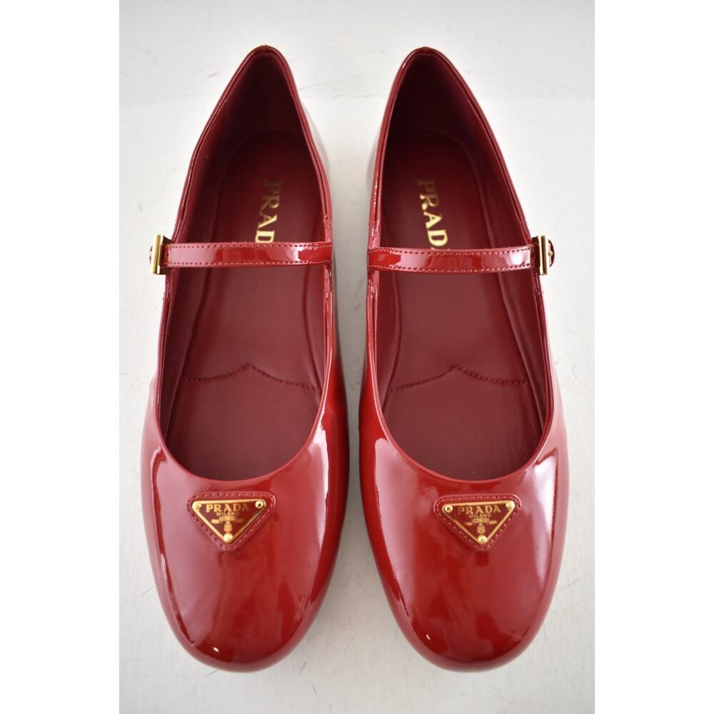 Prada Cherry Red Patent Gold Triangle Logo Mary Jane Ballerina Ballet Flat 38.5 - Picture 8 of 16